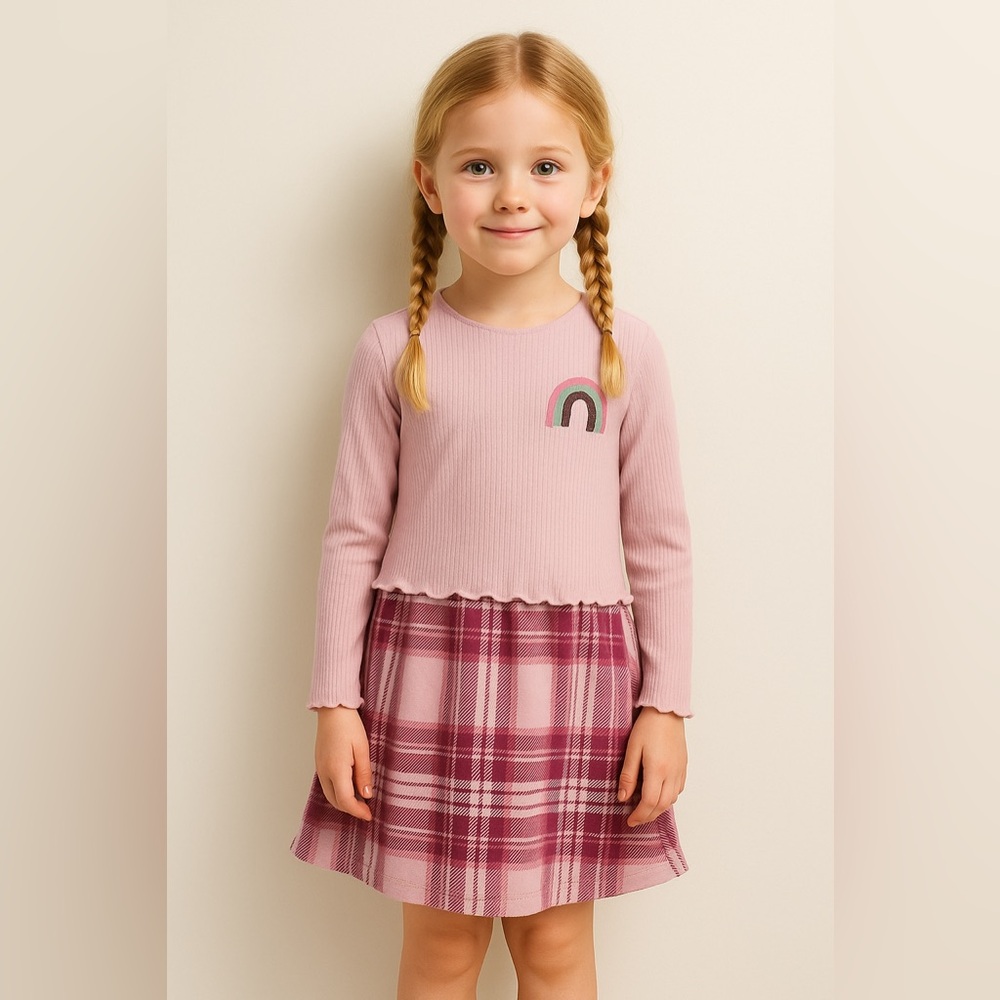 Pink Rainbow Kids Long Sleeve Top with plaid skirt